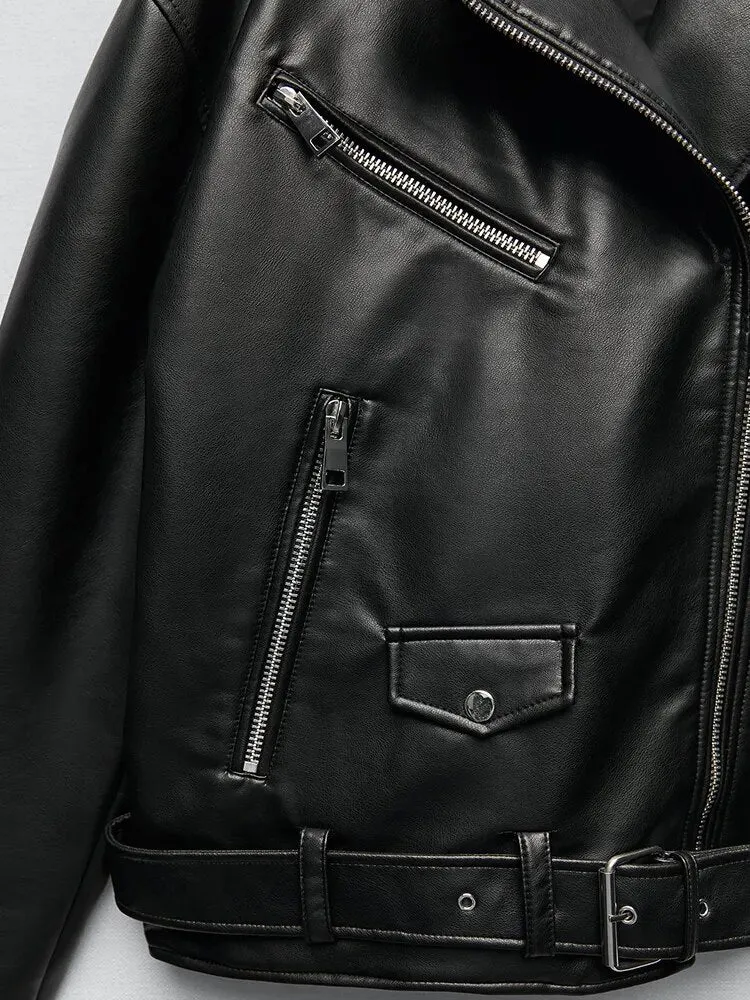 Women's Relaxed Fit Motorcycle Biker Jacket Black Faux Leather Jacket with Belt