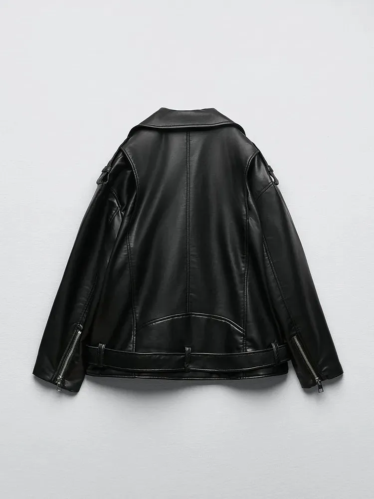 Women's Relaxed Fit Motorcycle Biker Jacket Black Faux Leather Jacket with Belt