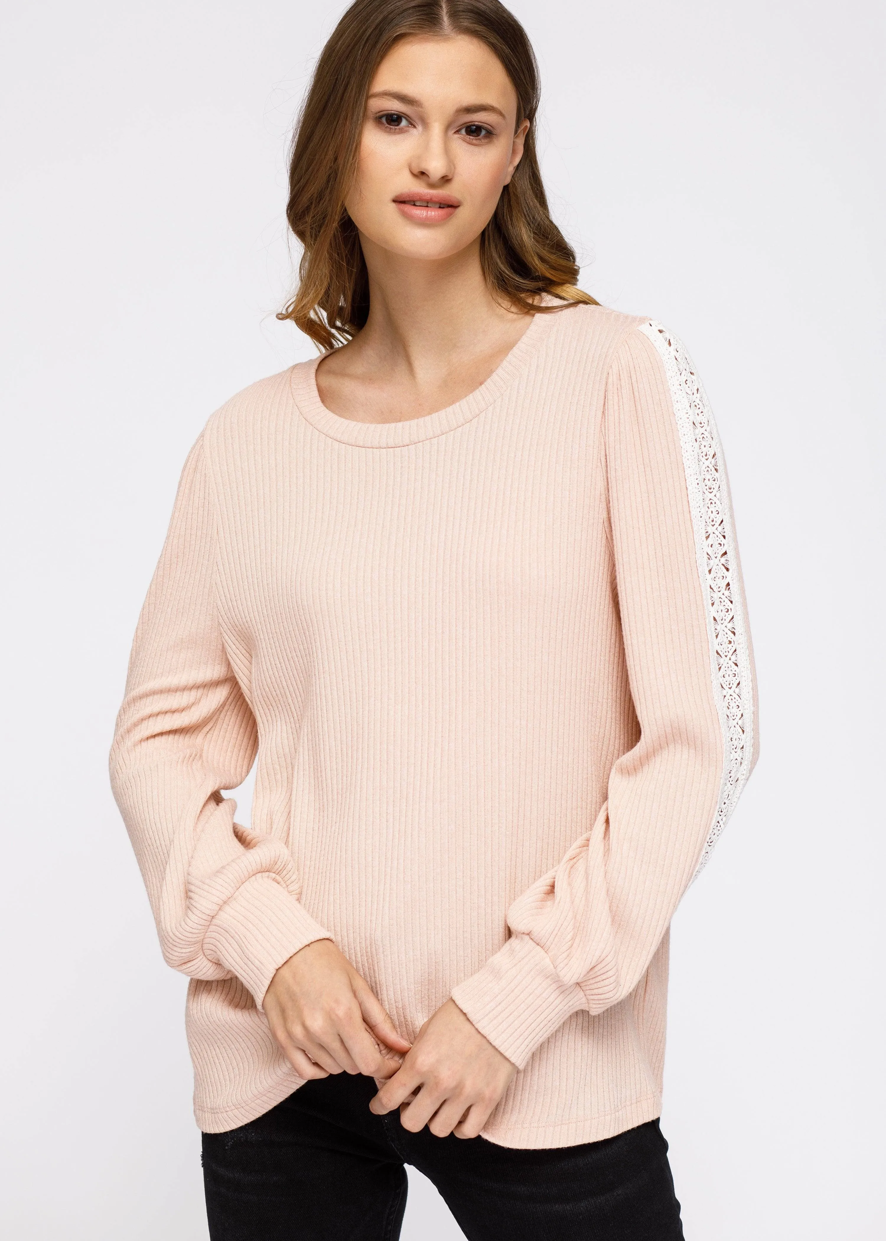 Women's Round Neck Sweater With Long Cuff Sleeves in Blush by Shop at Konus