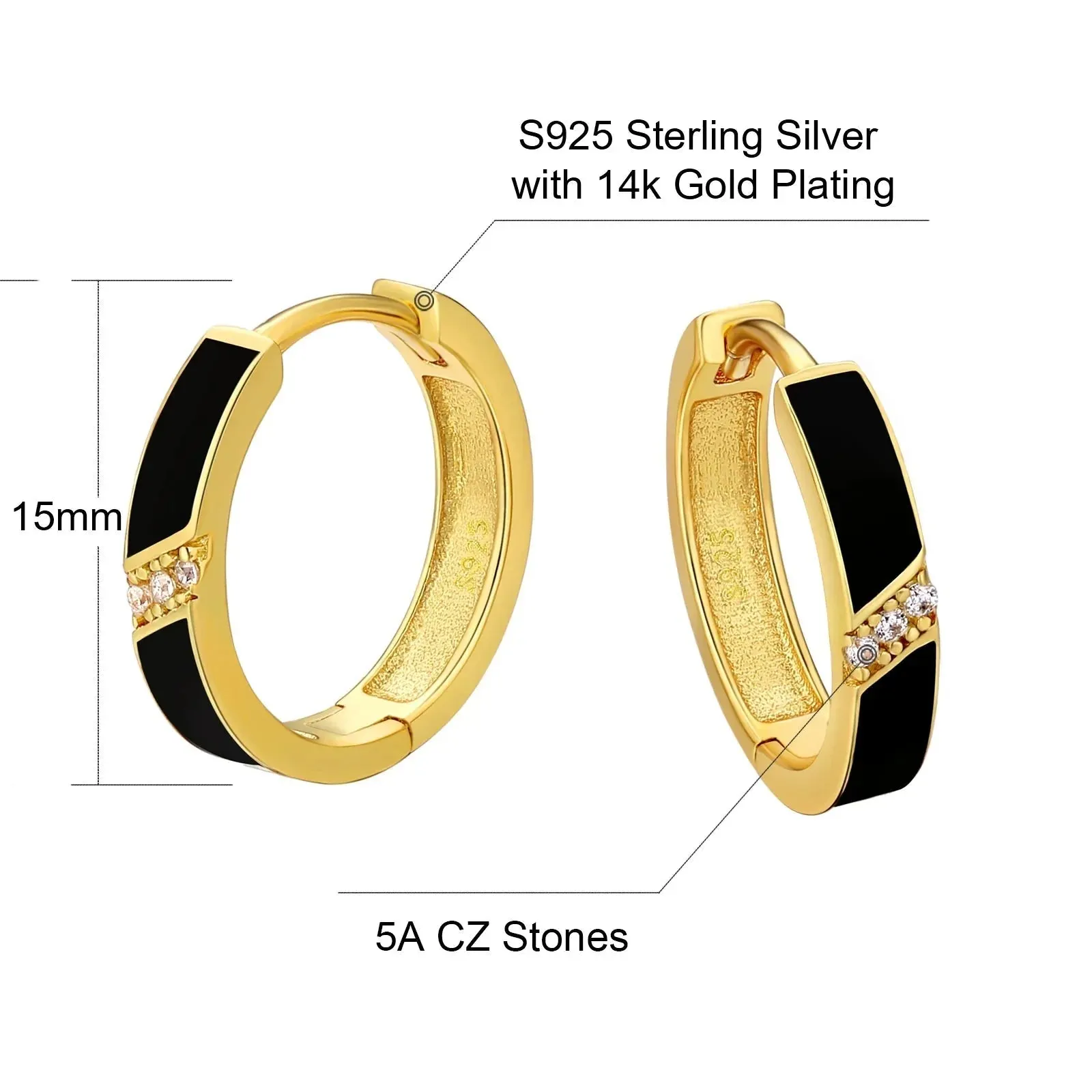 Women's S925 Diamond Black Hoop Earrings in 14K Gold - 15mm