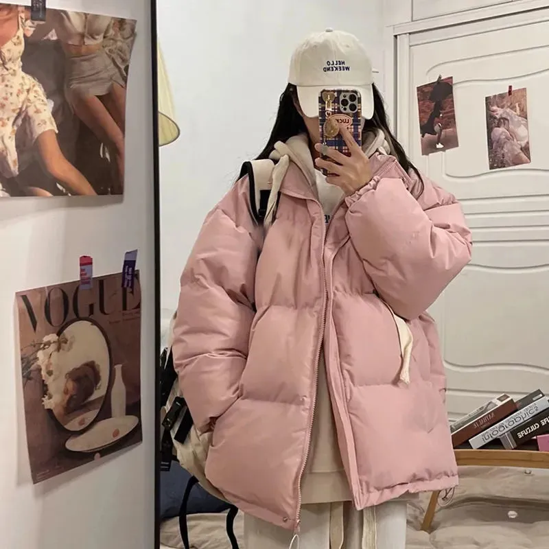 Women's  Short Down Jacket Thick Warm Spliced Coat Oversized Loose Puffer Jacket