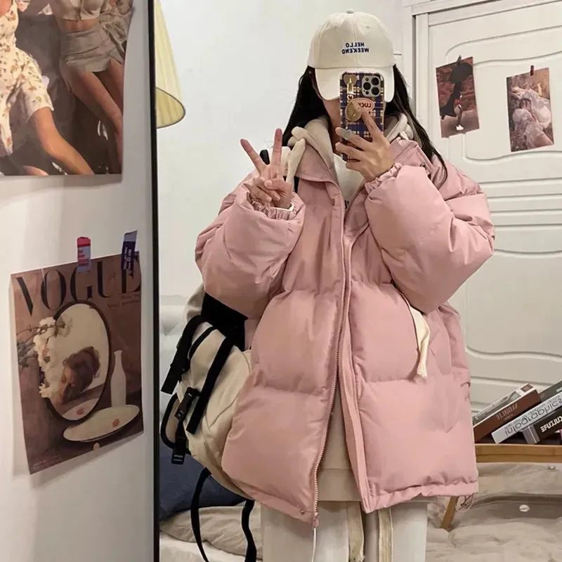 Women's  Short Down Jacket Thick Warm Spliced Coat Oversized Loose Puffer Jacket