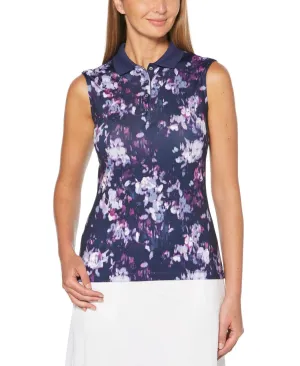 Womens Sleeveless Digital Floral Print Polo