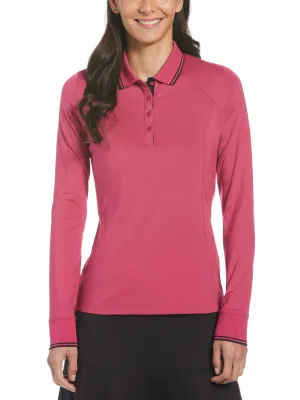 Women's Solid Long Sleeve Polo with Ribbing