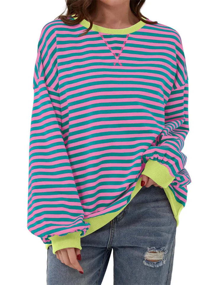 Women's Stylish Long Sleeved Striped Sweatshirts for Spring Autumn
