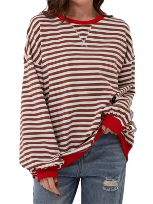 Women's Stylish Long Sleeved Striped Sweatshirts for Spring Autumn