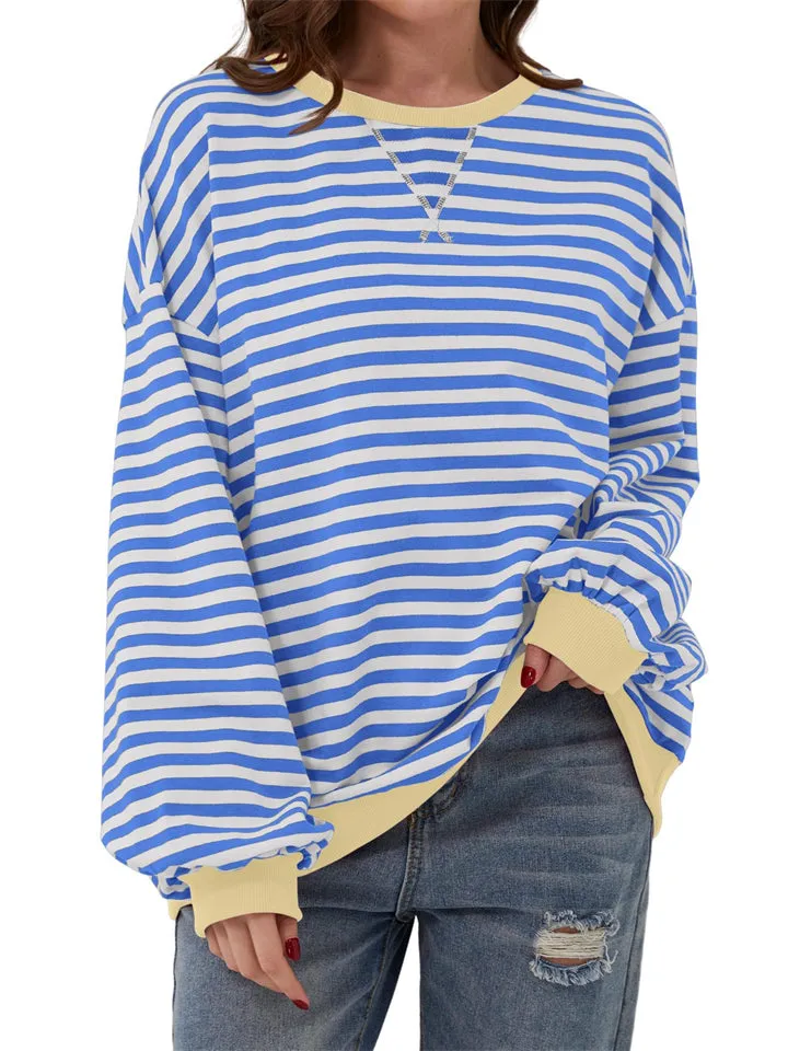 Women's Stylish Long Sleeved Striped Sweatshirts for Spring Autumn