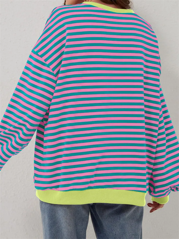 Women's Stylish Long Sleeved Striped Sweatshirts for Spring Autumn