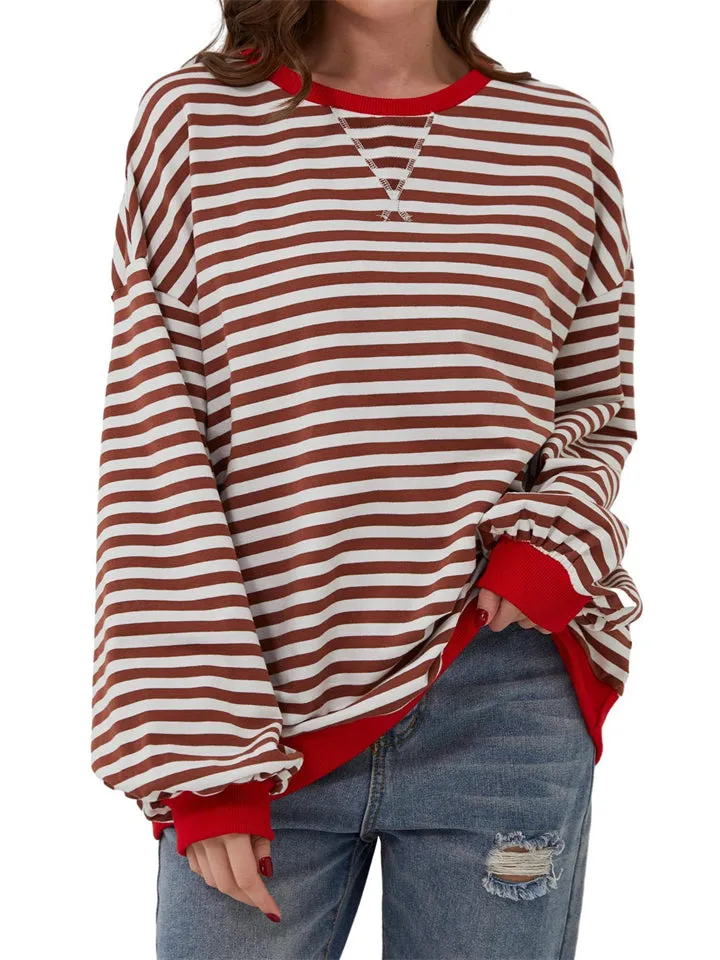 Women's Stylish Long Sleeved Striped Sweatshirts for Spring Autumn