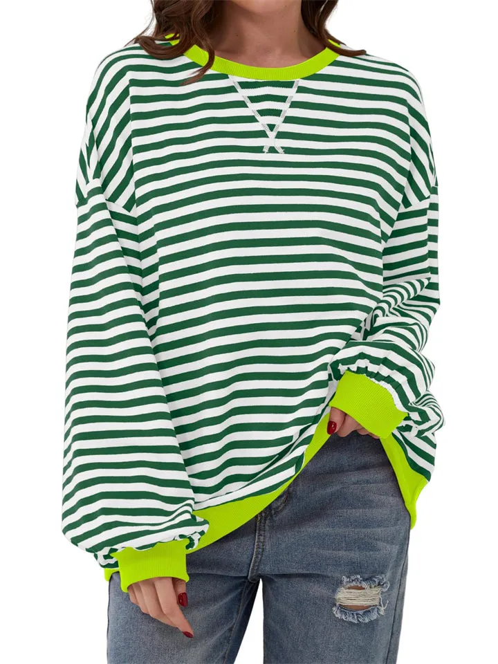 Women's Stylish Long Sleeved Striped Sweatshirts for Spring Autumn