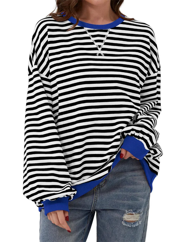 Women's Stylish Long Sleeved Striped Sweatshirts for Spring Autumn