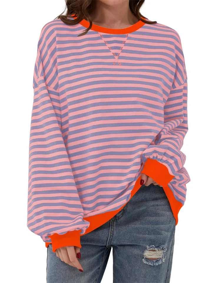 Women's Stylish Long Sleeved Striped Sweatshirts for Spring Autumn