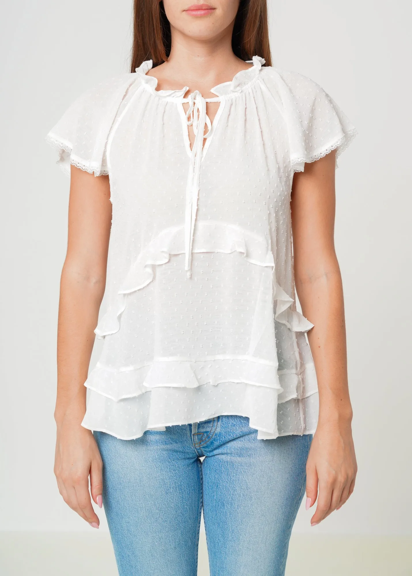 Women's Swiss Dot Layered Ruffle Top in White