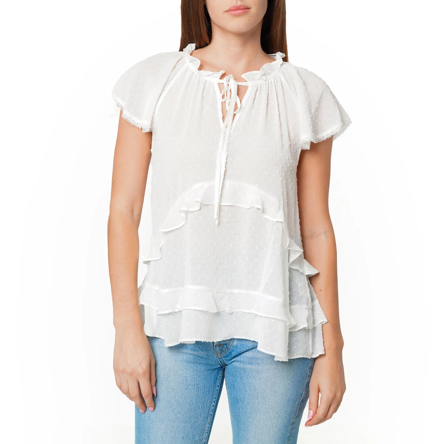 Women's Swiss Dot Layered Ruffle Top in White