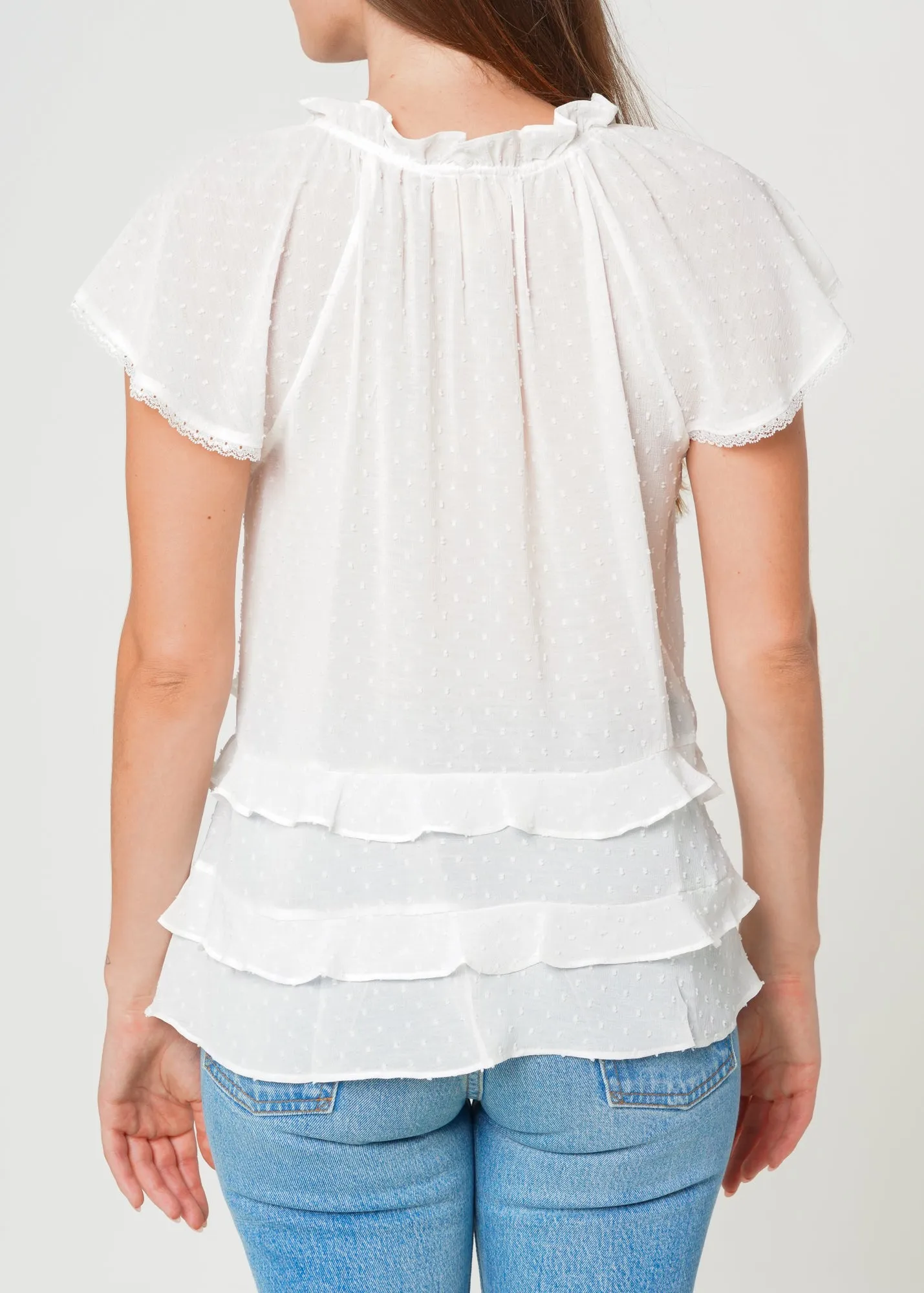 Women's Swiss Dot Layered Ruffle Top in White