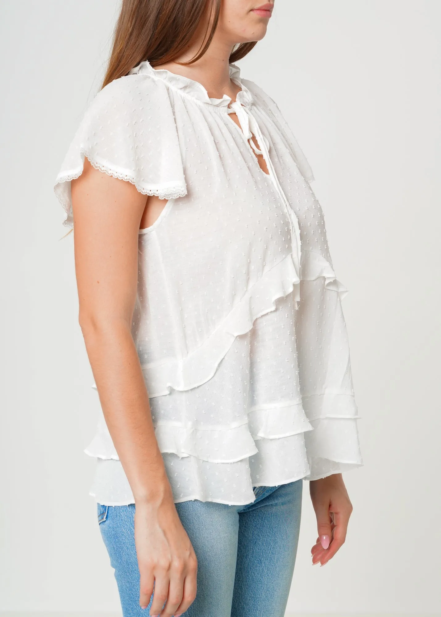 Women's Swiss Dot Layered Ruffle Top in White