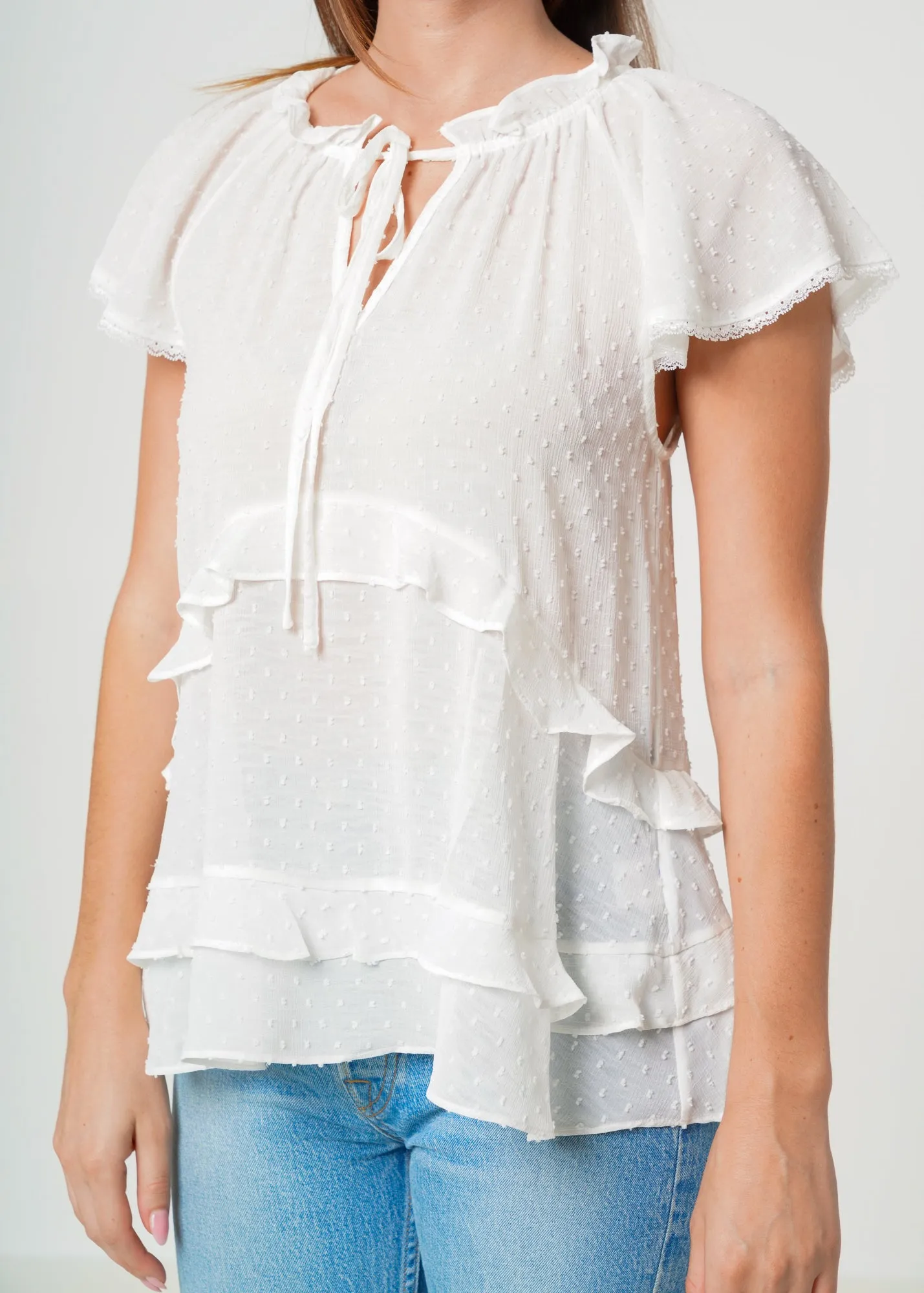 Women's Swiss Dot Layered Ruffle Top in White