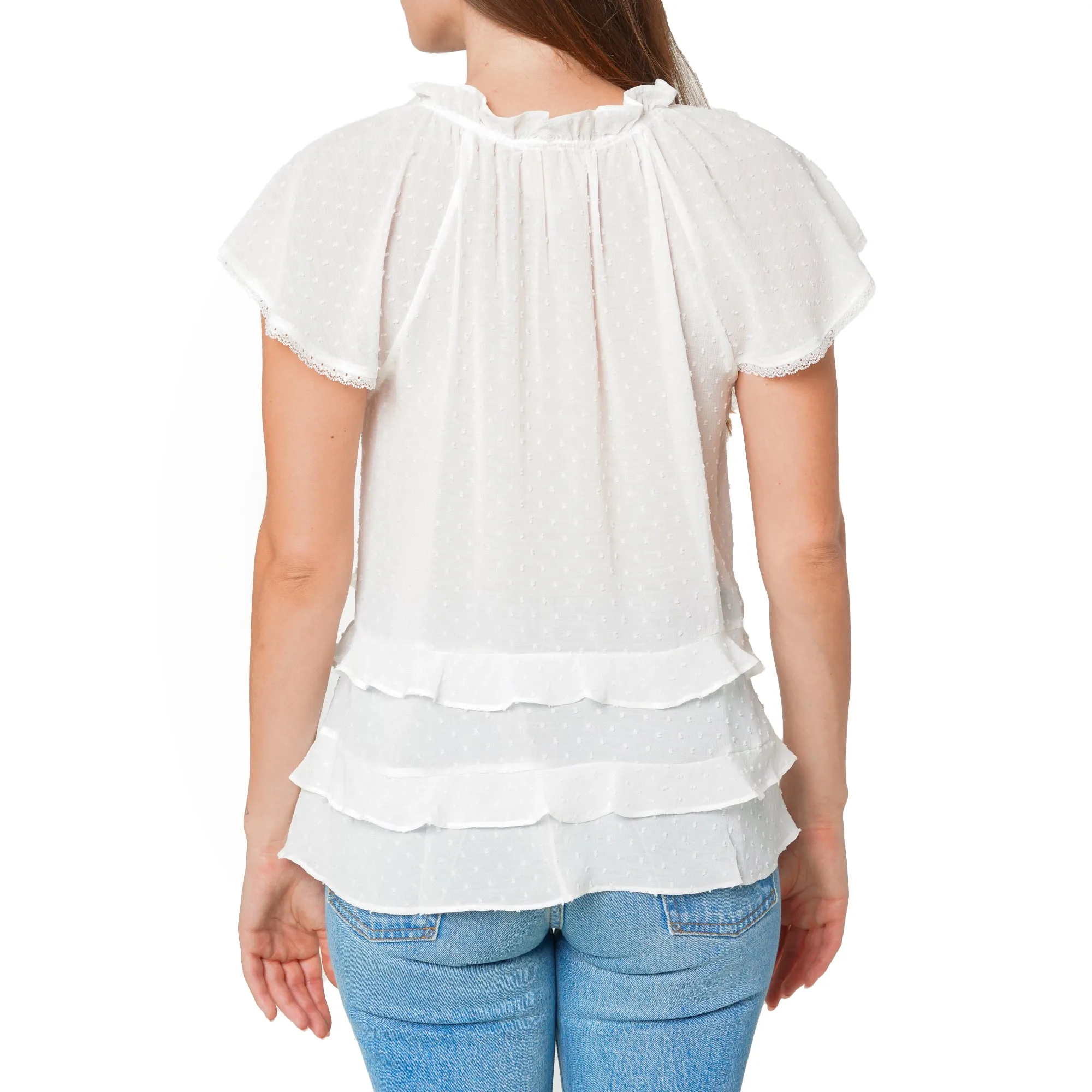 Women's Swiss Dot Layered Ruffle Top in White