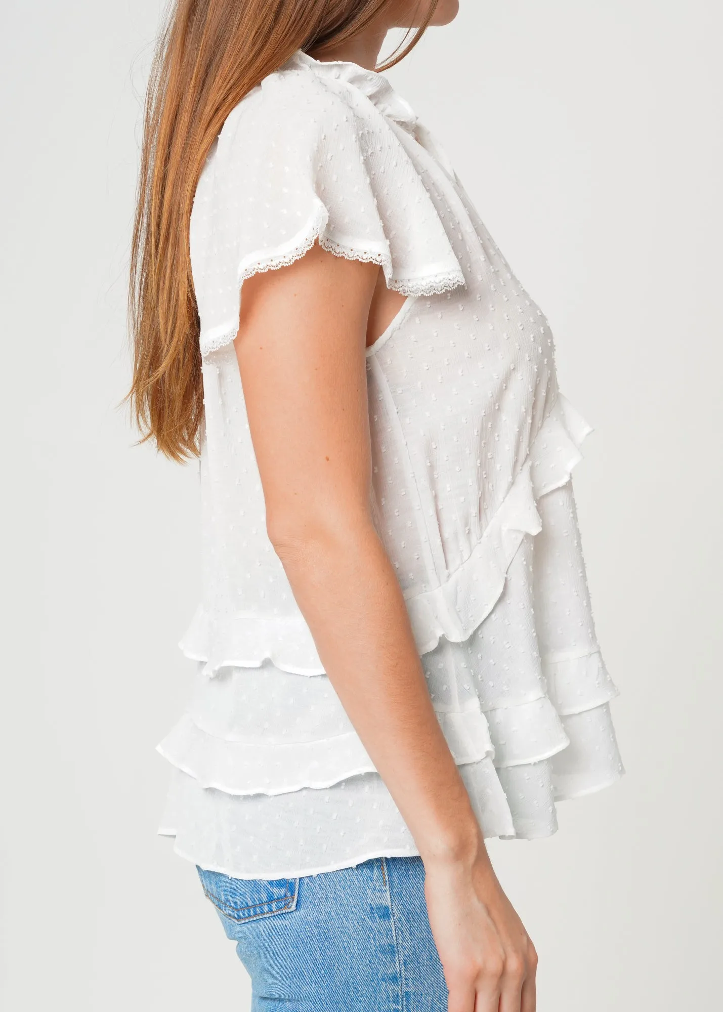 Women's Swiss Dot Layered Ruffle Top in White
