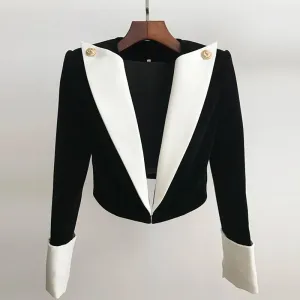 Women's Trendy Stylish Designer Jacket Gold Lion Buttons Patchwork Velvet Short Blazer