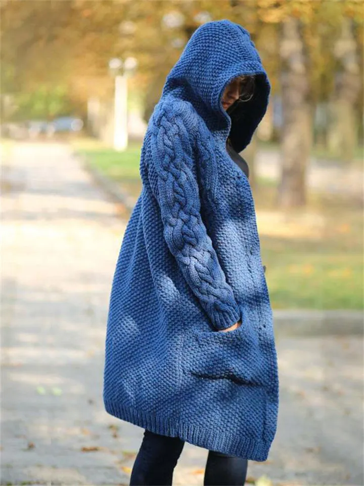 Women's Warm Buttoned Hooded Long Sweater Cardigan