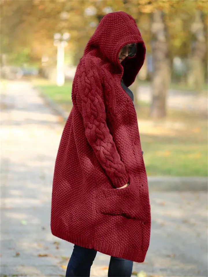 Women's Warm Buttoned Hooded Long Sweater Cardigan