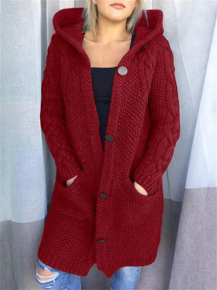 Women's Warm Buttoned Hooded Long Sweater Cardigan