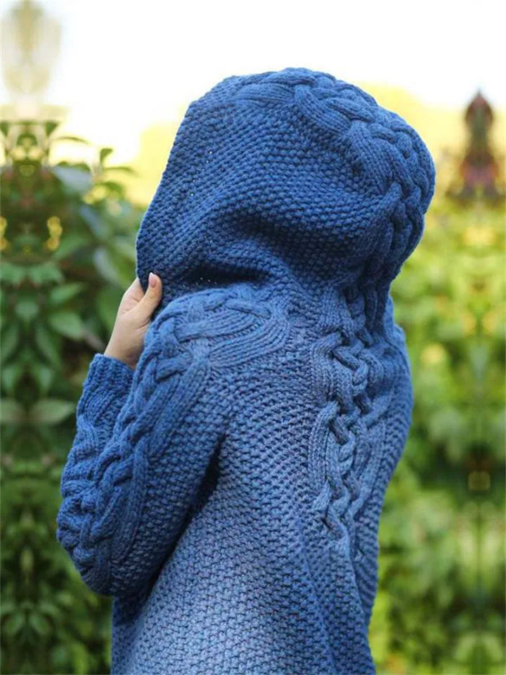 Women's Warm Buttoned Hooded Long Sweater Cardigan