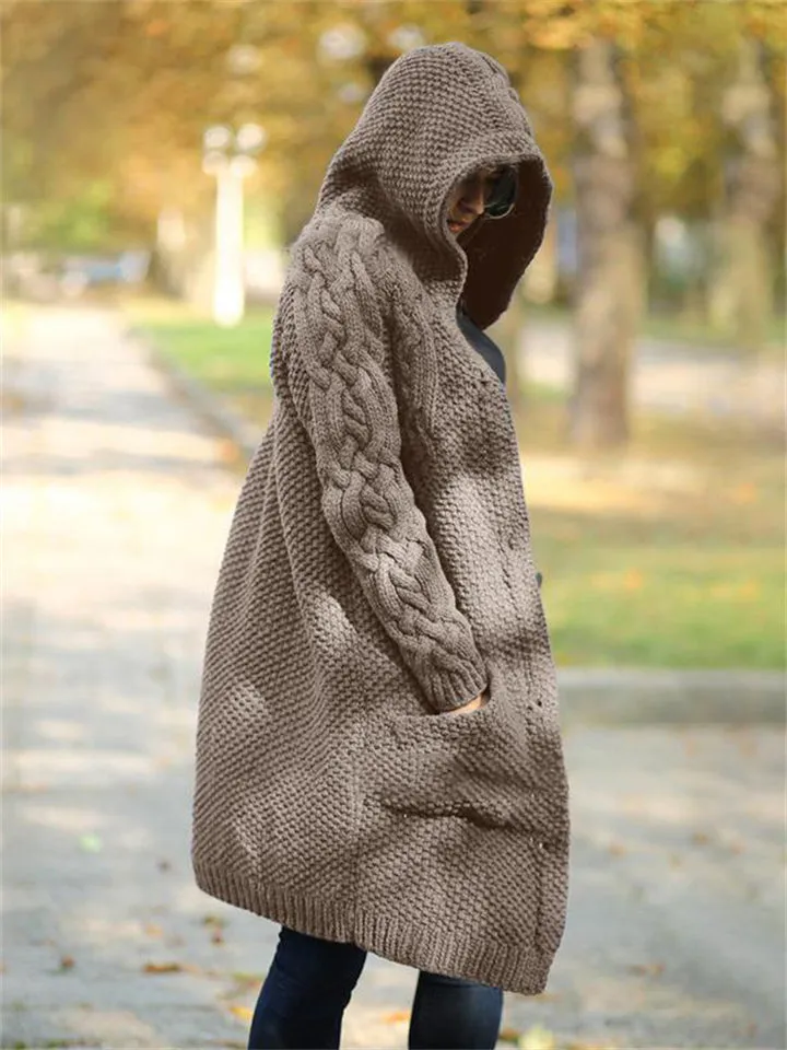 Women's Warm Buttoned Hooded Long Sweater Cardigan