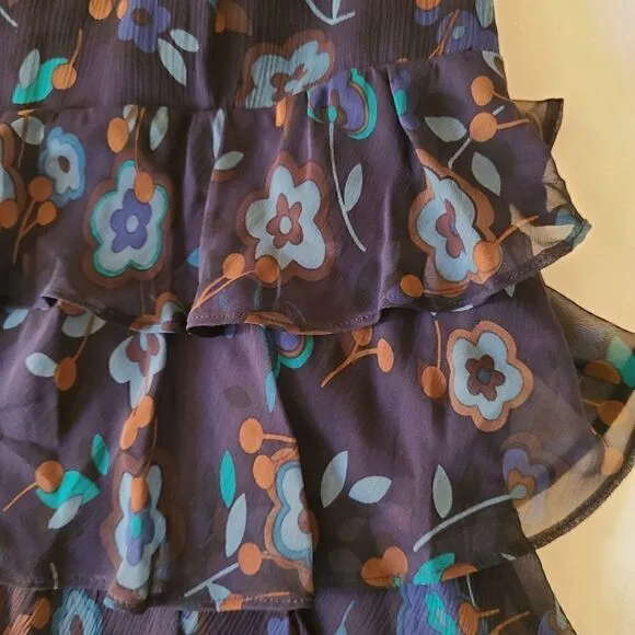 Worth Women's Silk Multi-Level Ruffled Navy Floral Skirt