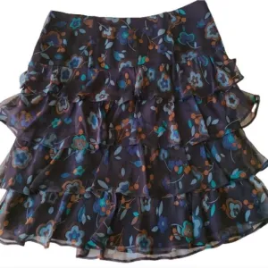 Worth Women's Silk Multi-Level Ruffled Navy Floral Skirt
