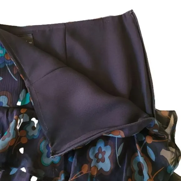 Worth Women's Silk Multi-Level Ruffled Navy Floral Skirt