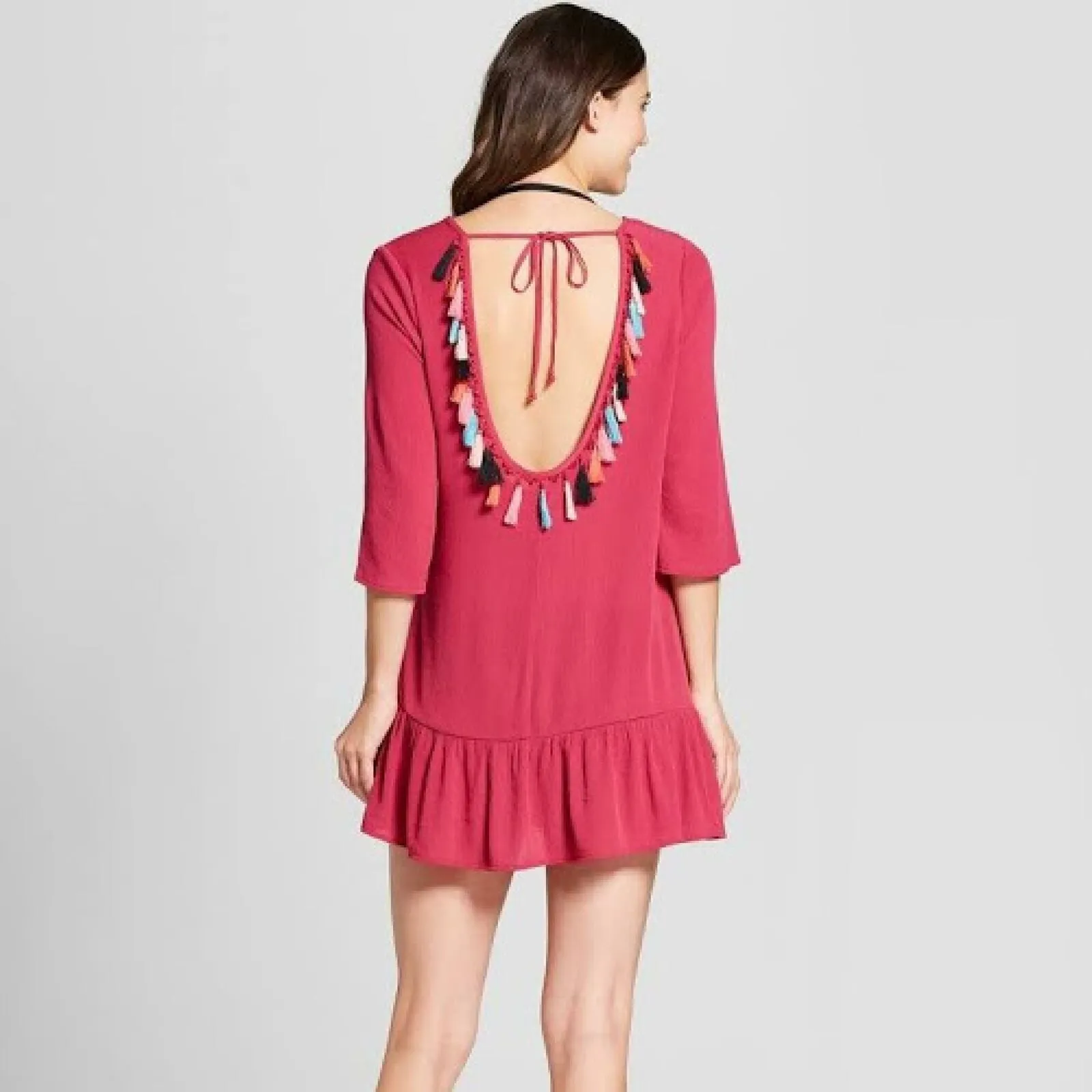 Xhilaration Women's 3/4 Sleeve Tassel Back Swim Cover Up Dress