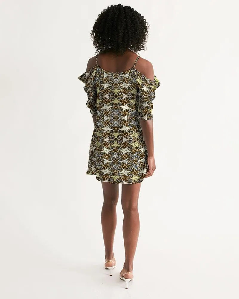 Yellow Brown African Print Women's Open Shoulder A-Line Dress