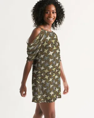 Yellow Brown African Print Women's Open Shoulder A-Line Dress