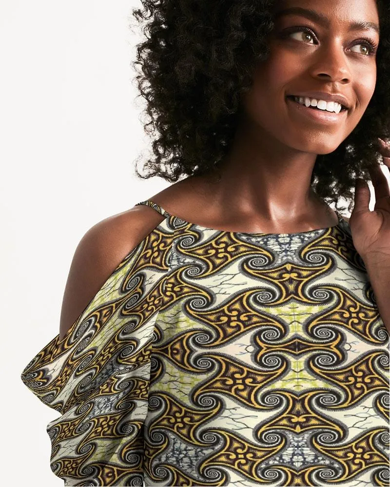Yellow Brown African Print Women's Open Shoulder A-Line Dress
