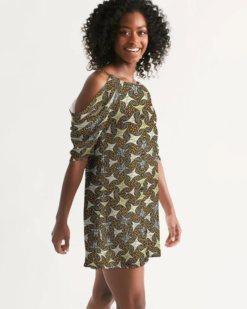 Yellow Brown African Print Women's Open Shoulder A-Line Dress