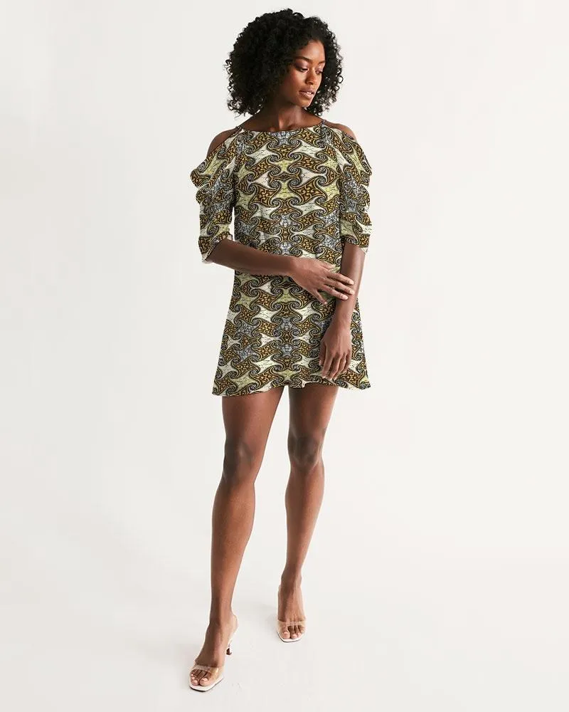 Yellow Brown African Print Women's Open Shoulder A-Line Dress