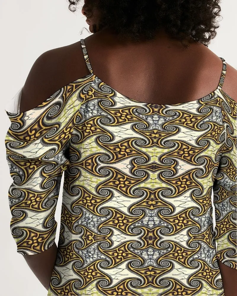 Yellow Brown African Print Women's Open Shoulder A-Line Dress
