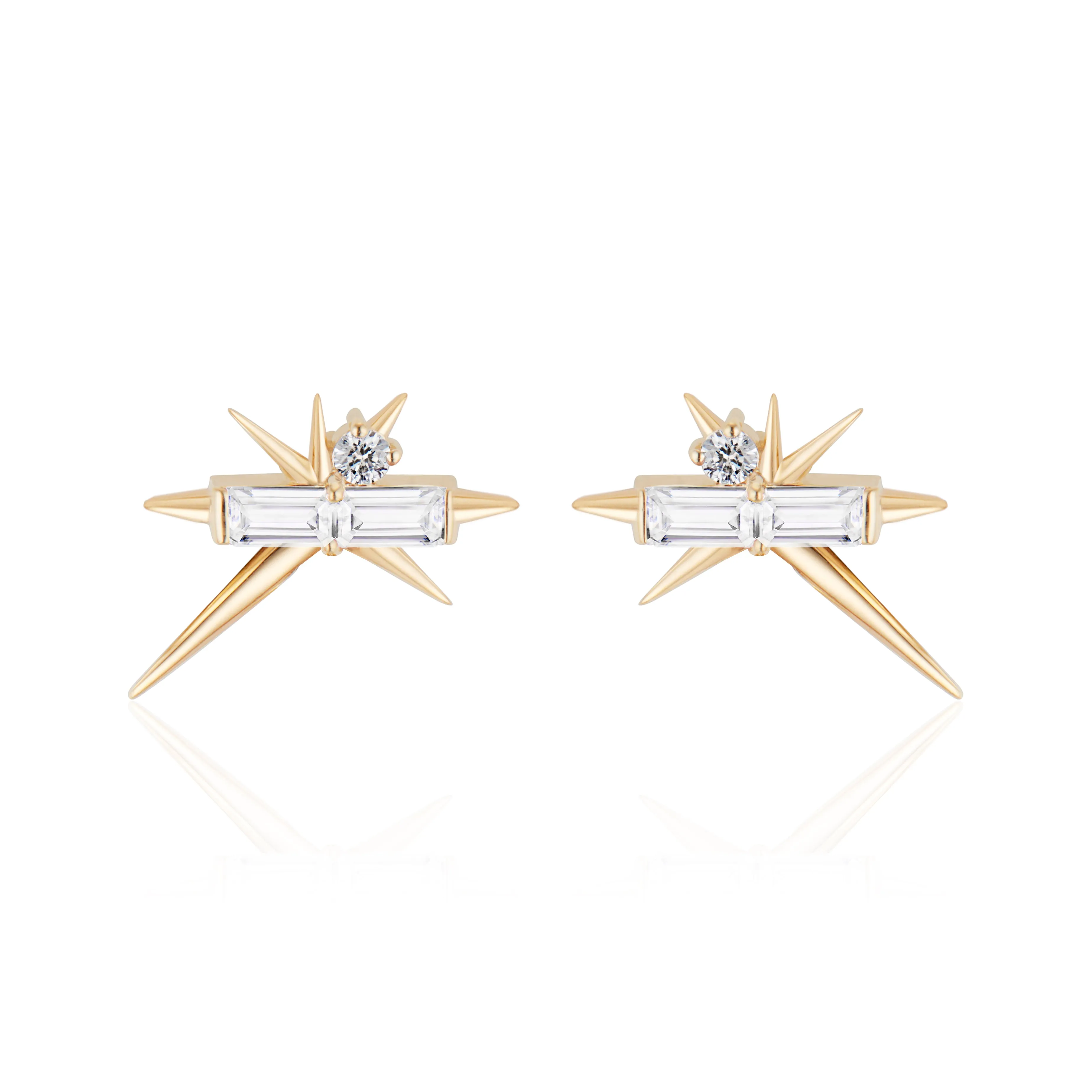 Yellow Gold Baguette & Round Diamond Stud Earrings - Spike Earrings
