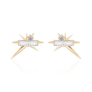 Yellow Gold Baguette & Round Diamond Stud Earrings - Spike Earrings
