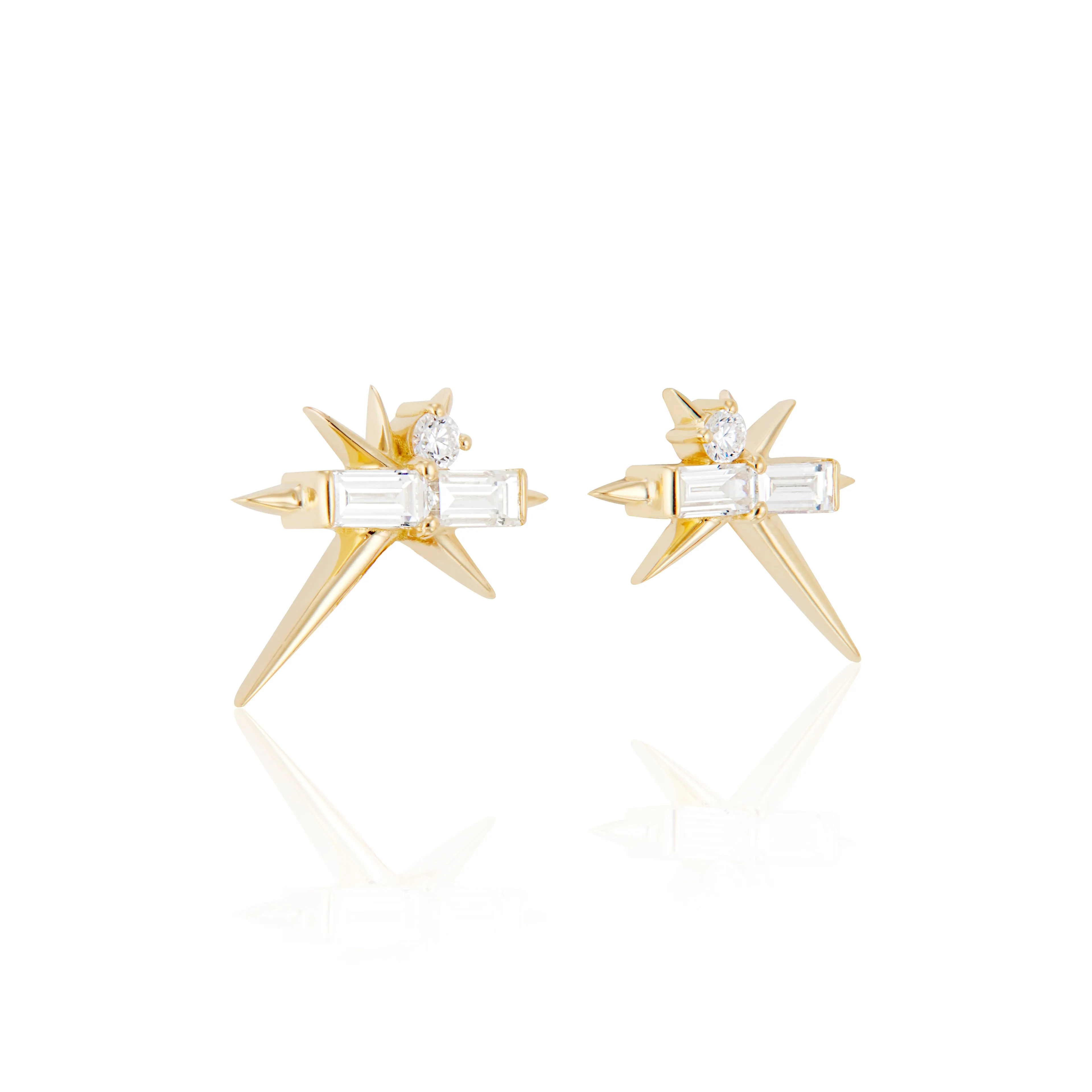Yellow Gold Baguette & Round Diamond Stud Earrings - Spike Earrings