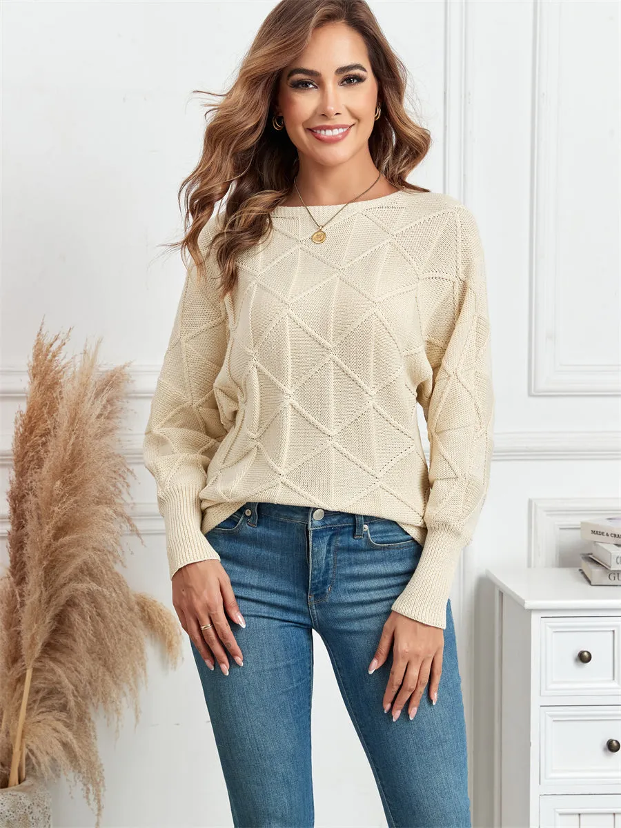 ZAFUL Women's Winter Round Neck Geometric Warm Knit Top Long Sleeve Sweater