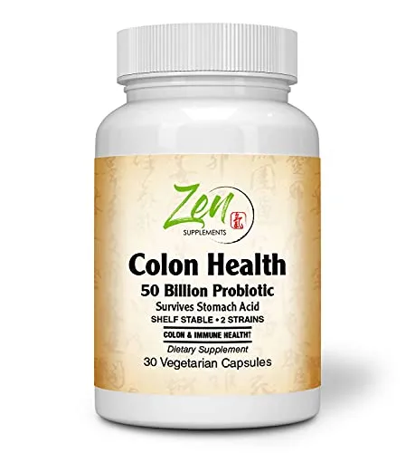 Zen Supplements - Colon Health 50 Billion CFU Probiotic with Acidophilus & Bifido Shelf Stable Strains for Gut & Digestive Health, in Delayed Release VegCaps 30-Vegcaps