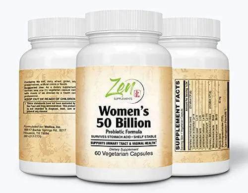Zen Supplements - Womens 50 Billion CFU Probiotic Formula - Supports Urinary and Vaginal Health with Lactobacilli & Bifado Blended Strains Survives Stomach Acid, Shelf Stable 60-Vegcaps